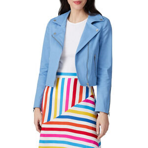 Color Me Courtney Dennis Biker Jacket Blue Stretch Cotton Cropped Canvas US 6
